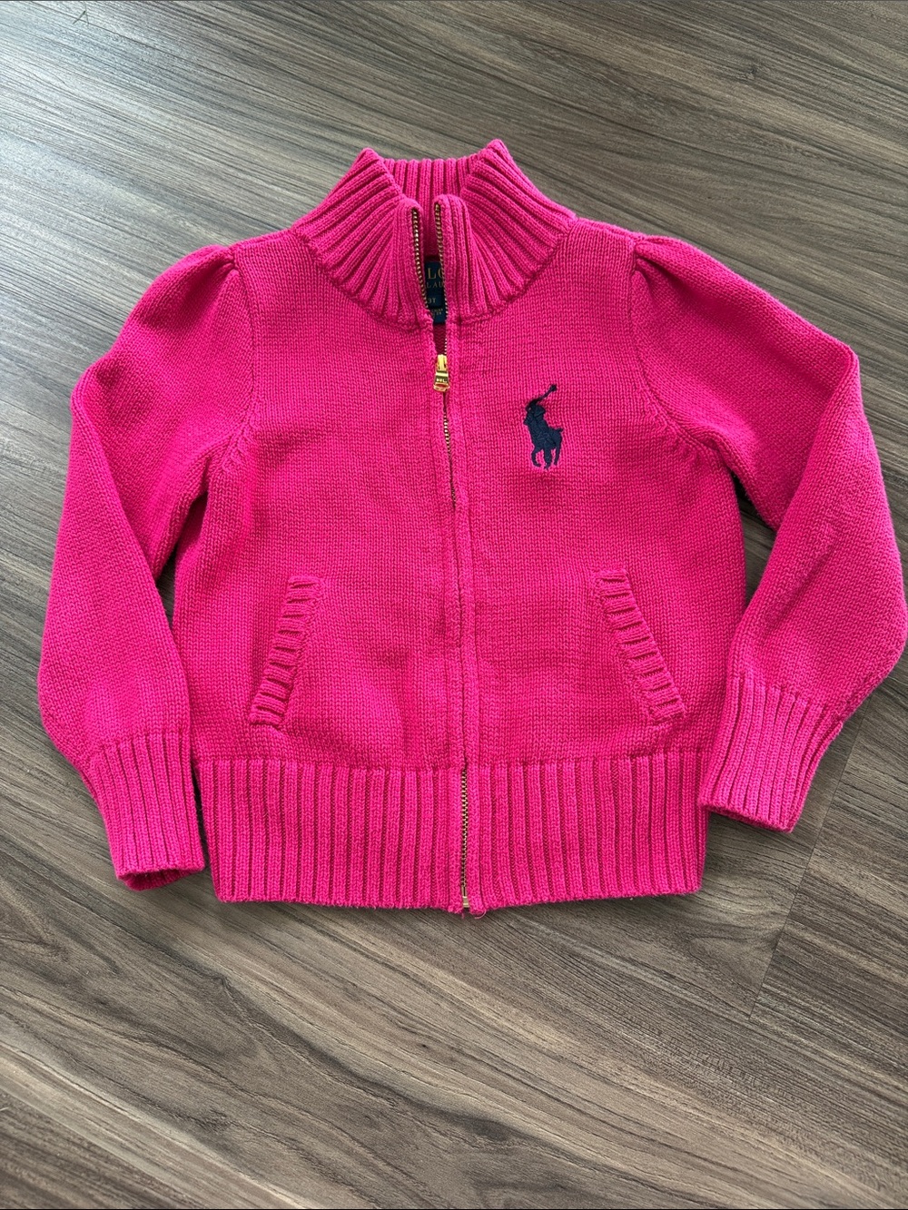 Ralph Lauren Polo Girls' Bright Pink Zip Full-Zip Knit Sweater 3T